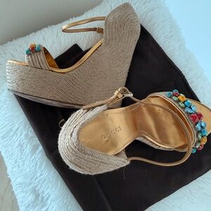 Gucci Women's Tan Wedges with Multicolor Embellishments
